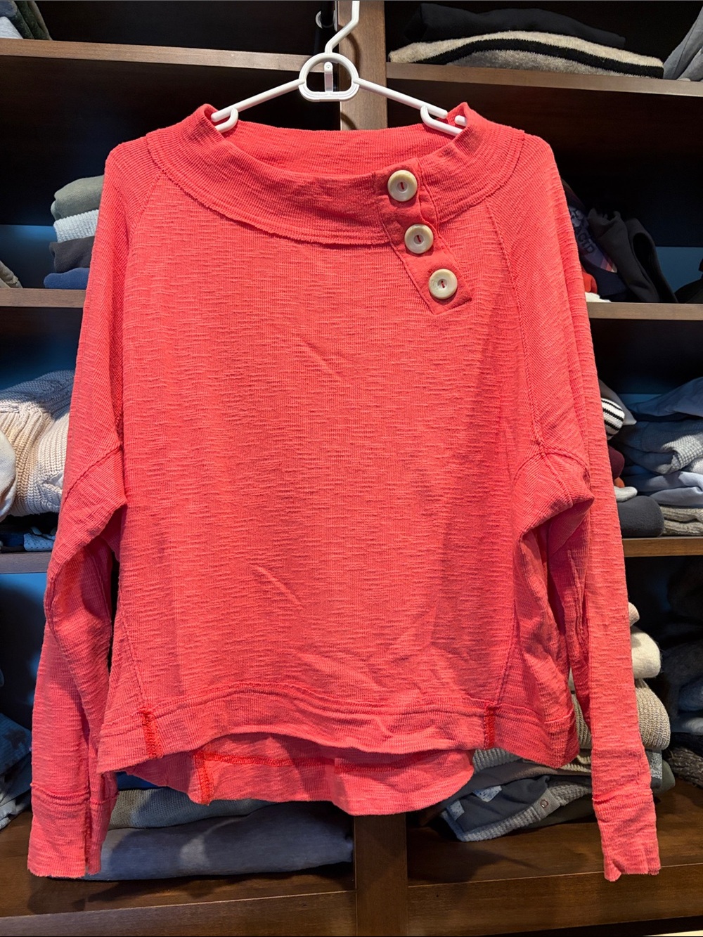 We The Free Coral Button-Neck Pullover Sweatshirt Small